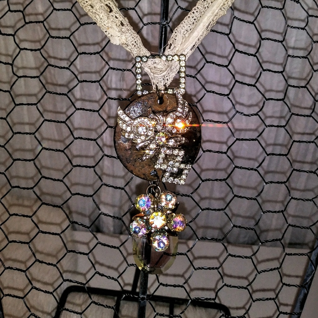 Vintage Copper Medallion W/ Rhinestone Owl & Lace